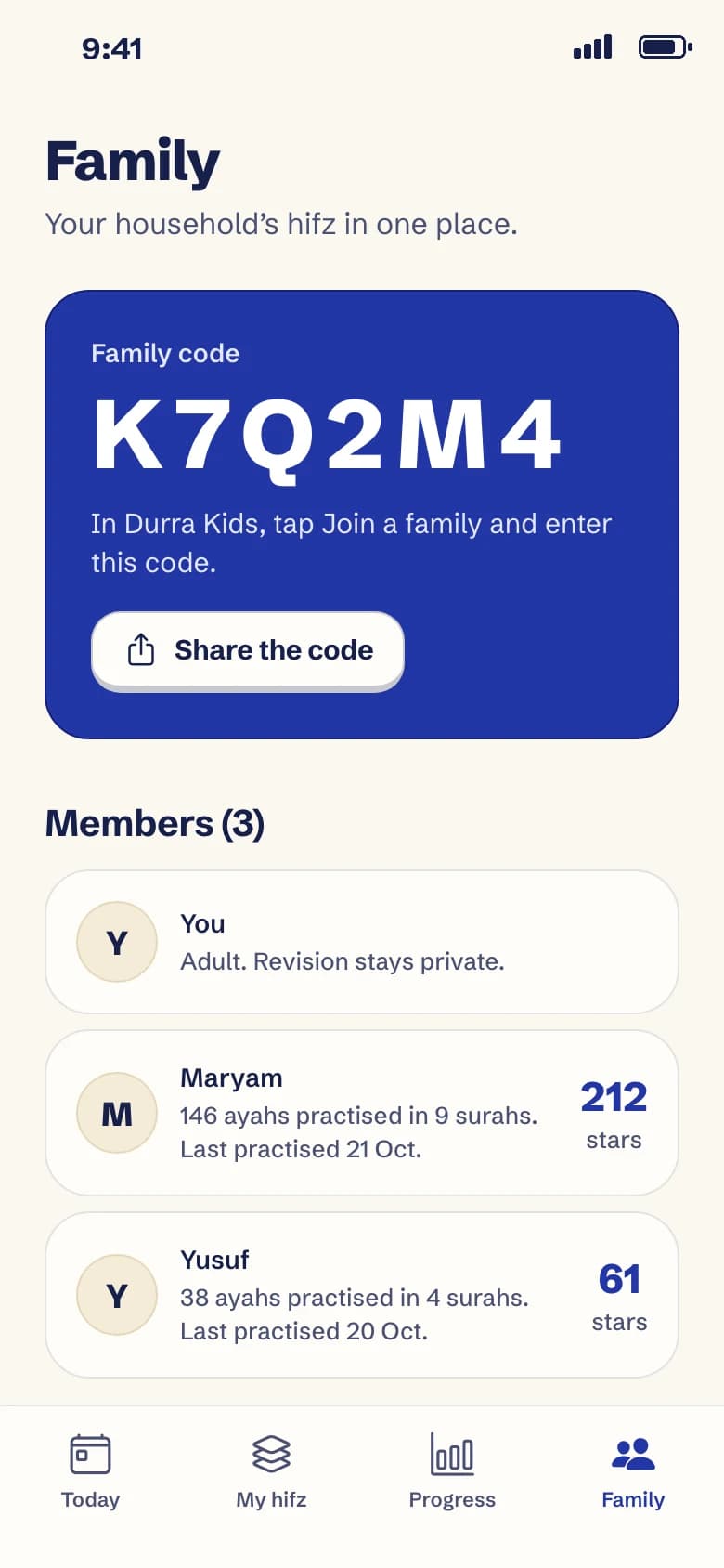 Durra Family screen with a family code and two children’s Durra Kids progress.