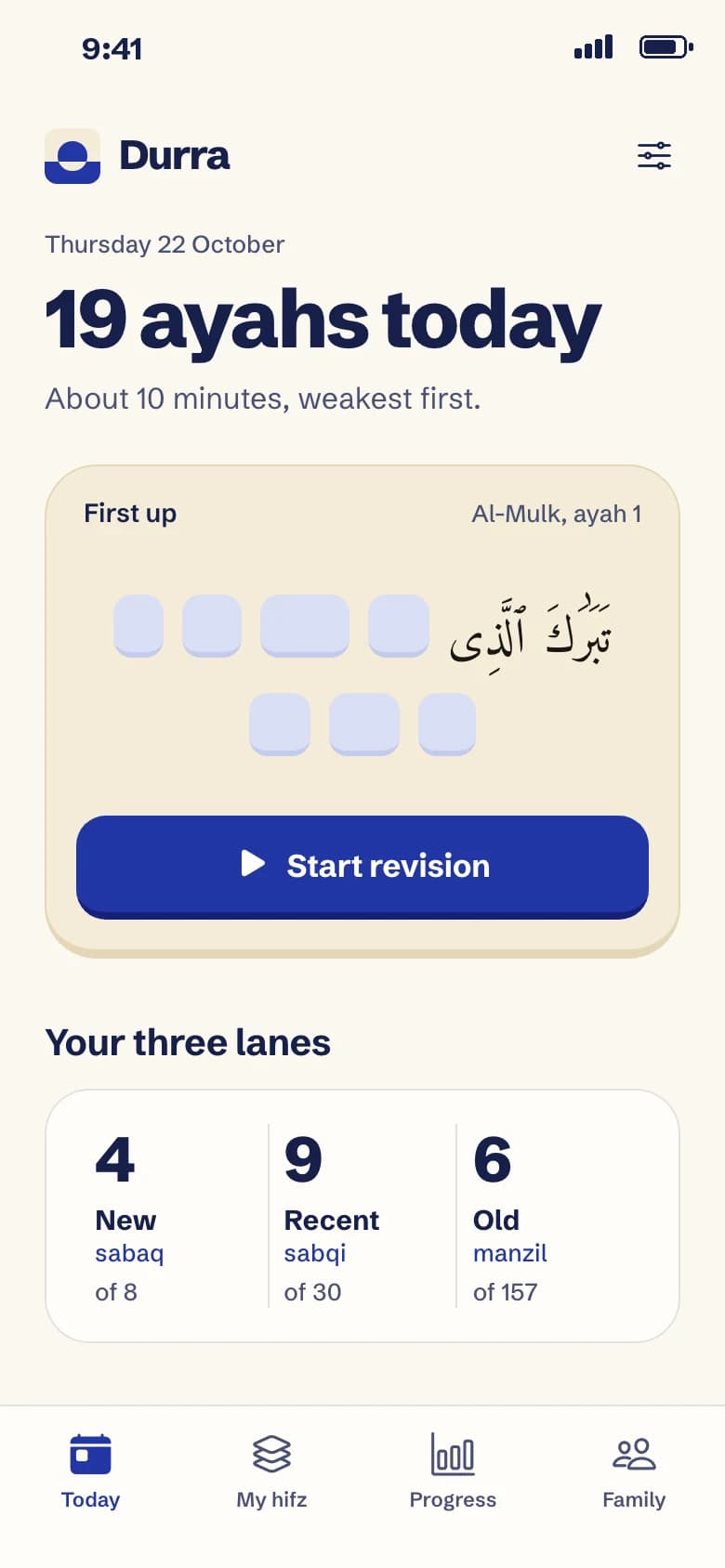 Durra Today screen. 19 ayahs today, about 10 minutes, the three lanes and the week ahead.